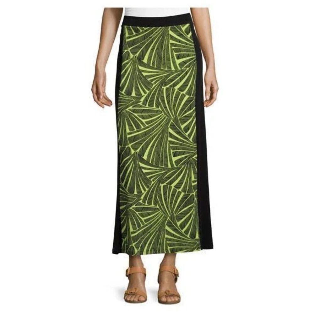 Michael Kors Two-Tone Printed Maxi Skirt Kiwi Black Green Leaf Sz 6
